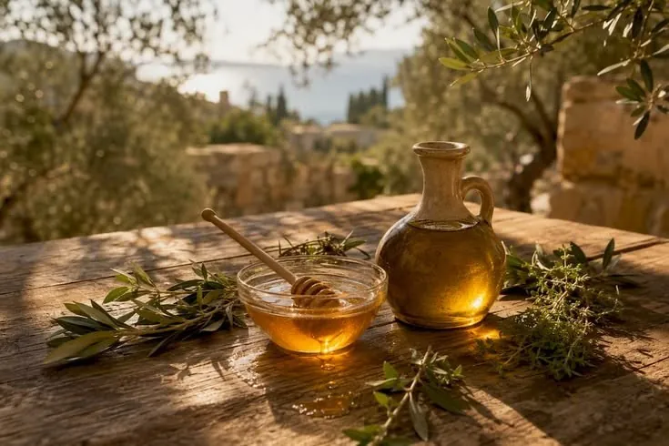 A bowl of honey and a clay jug of olive oil on a wooden table, with olive branches